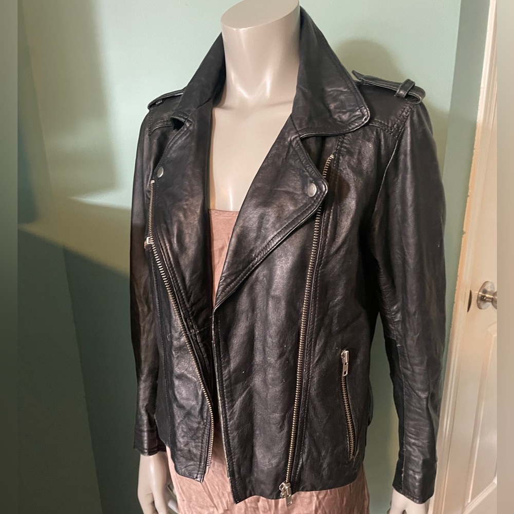 Sheep’s Leather Classic Black Biker Jacket with Cotton Lining- Women Large